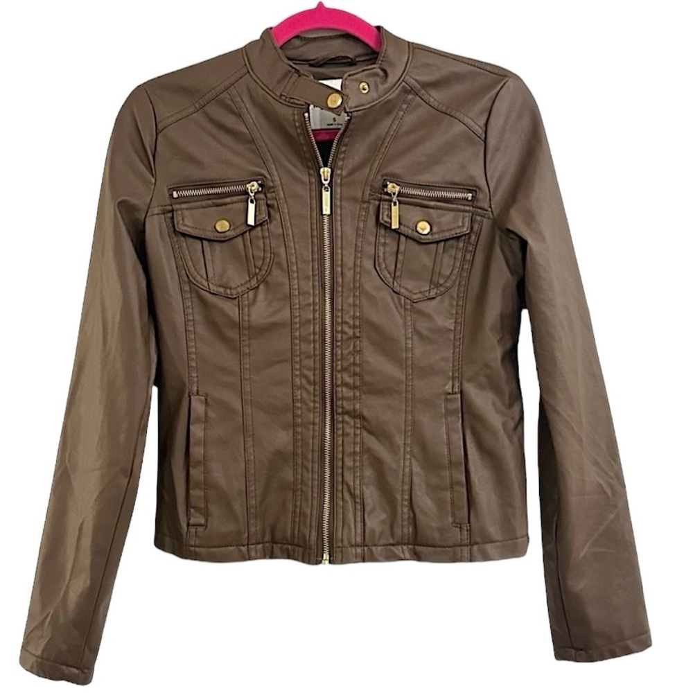Faux Leather Fall Jacket, Brown - image 1